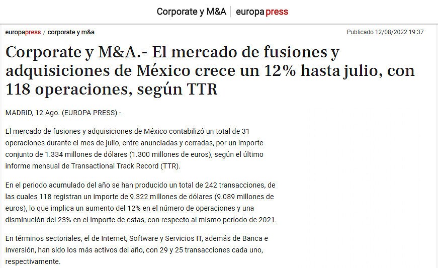 Corporate y M&A.- El mercado de fusiones y adquisiciones de Mxico crece un 12% hasta julio, con 118 operaciones, segn TTR